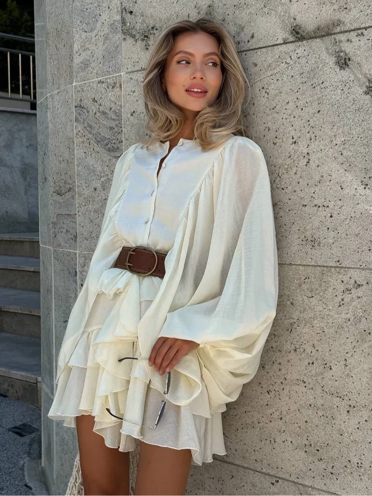 🍒Rondehals langmou minirok gelaag met romp elegante soliede klere vir vroue, rofrokke, enkelbors, sjiek modestraatklere, Poeffrokke, Somervroue.