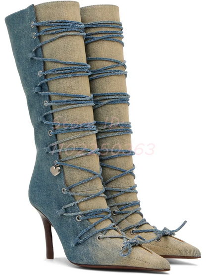 🍒Lace up jeans boots blue with heel long pointed toe stilettos runway fashion shoes modern denim footwear for women Dressy Denims