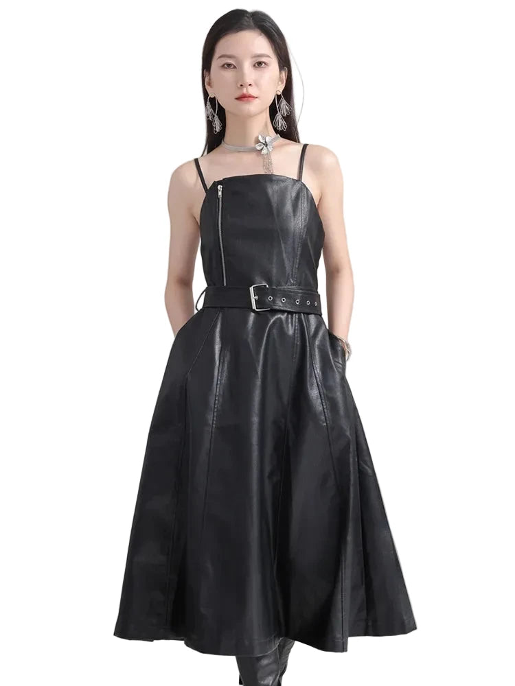 🍒Black faux leather dress spaghetti strap pu outfit with zip front sleeveless belted midi a-line dress party occasion wear sleeveless wear for women Like A Biker