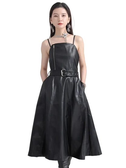 🍒Black faux leather dress spaghetti strap pu outfit with zip front sleeveless belted midi a-line dress party occasion wear sleeveless wear for women Like A Biker