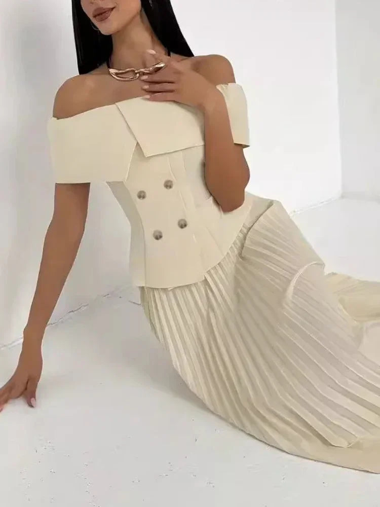 🍒Modieuse tweedelige uitrustings met lang geplooide rompe, maxi-mode en skouerlose toppies pas stelle neutrale klere vir vroue, partytjie-formele drag, partytjiegeleentheidsdrag Verkoel met roomys