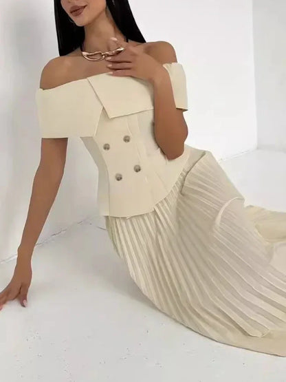 🍒Modieuse tweedelige uitrustings met lang geplooide rompe, maxi-mode en skouerlose toppies pas stelle neutrale klere vir vroue, partytjie-formele drag, partytjiegeleentheidsdrag Verkoel met roomys