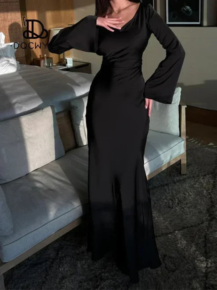 🍒Womens long dresses simple design fashion round neck satin outfit flare sleeve outfit lomg sleeve lace up slim evening party wear bodycon Slinky Simple Style