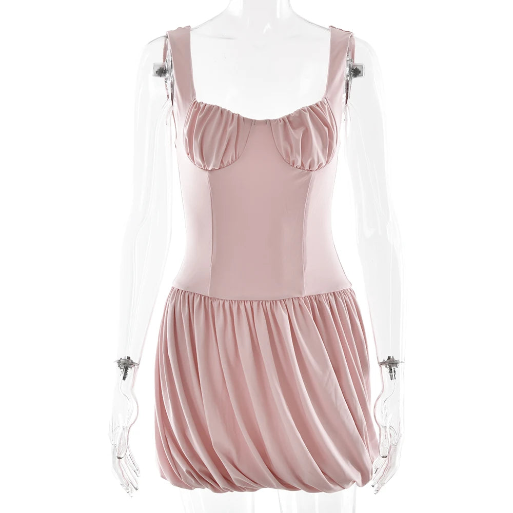 🍒Spaghetti strap puffy dress backless short v-neck mini outfits with spaghetti straps solid ruched slim bud pleated a-line clothing birthday partywear Perfect Pink Powder Puff