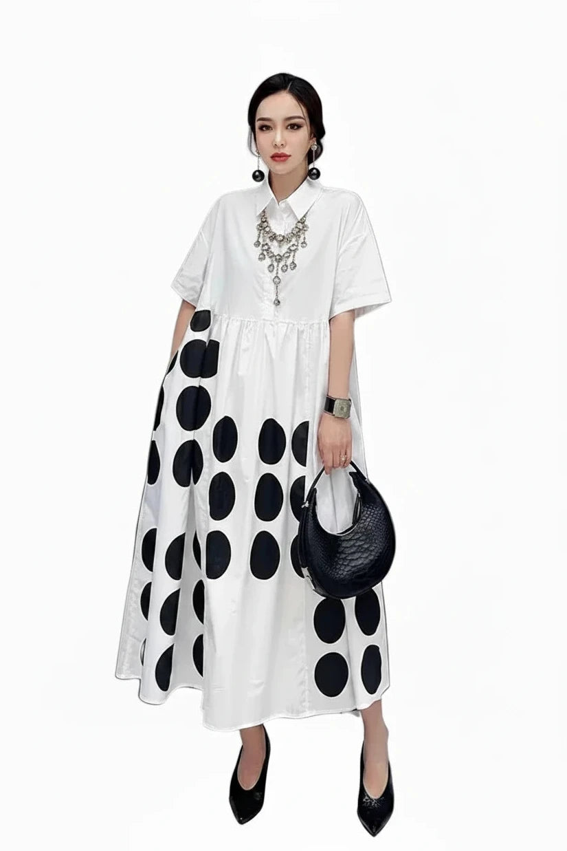 🍒Groot kolletjie-rok swart en wit langhemprok lospasvorm plusgrootte mode stylvol gemaklike drag vir vroue Say Yes To Dominos
