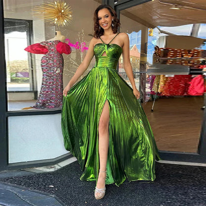 🍒Metallic pleated hollow slit women slip gown backless waist Slim elegant evening dress party wear vintage Liquid Lustre Look