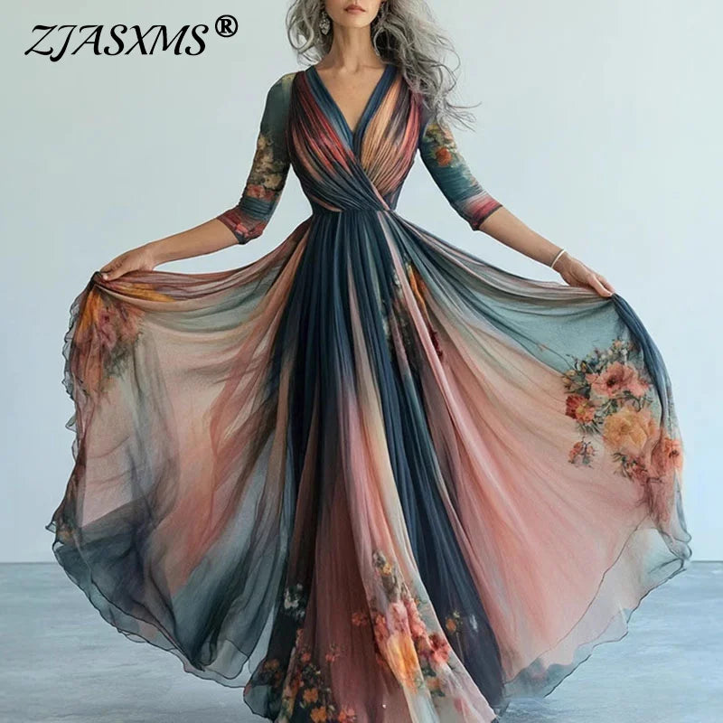🍒Print swing dress pleated v-neck outfits high waist maxi dress long-sleeved boho fashionv vacation dress long sleeve Get A Girly Swirl