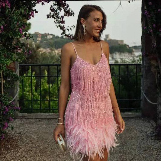🍒Fringed mini dress backless short sphaghetti straps with feathers for Women Sequin wedding guest outfit v-neck party wear occasion clothing Feel LIGHT-hearted in FEATHERS