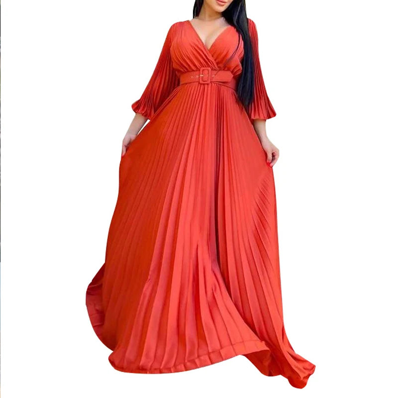 🍒 Aandete partytjie rok V-nek ontwerp geplooide vroue mode drag elegante maxi uitrusting met gordel langmou mode geleentheid drag partytjie drag Heeltemal Uitgeplooide Affêre