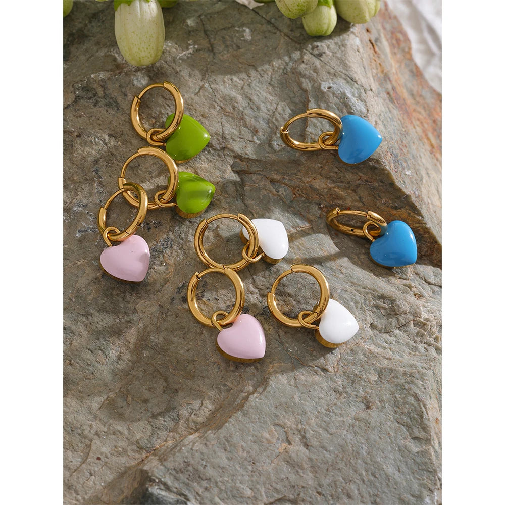 🍒Stainless steel drop hoop earrings heart enamel earrings waterproof charms cute trendy  jewellery summer gold plated stainlless steel earrings jewellery gifts every day earrings