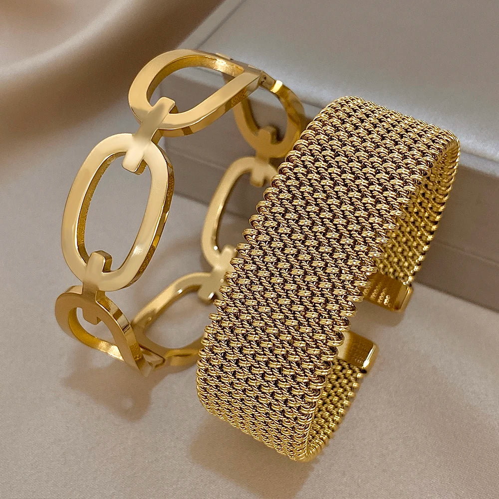 🍒Vintage Y2K stainless steel cuff bracelet wide weave open cuff bangle bracelet for women hollow waterproof stackable occasion jewellery for party smart casual jewellery gift Send A MESH -age