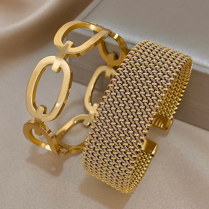 🍒Vintage Y2K stainless steel cuff bracelet wide weave open cuff bangle bracelet for women hollow waterproof stackable occasion jewellery for party smart casual jewellery gift Send A MESH -age