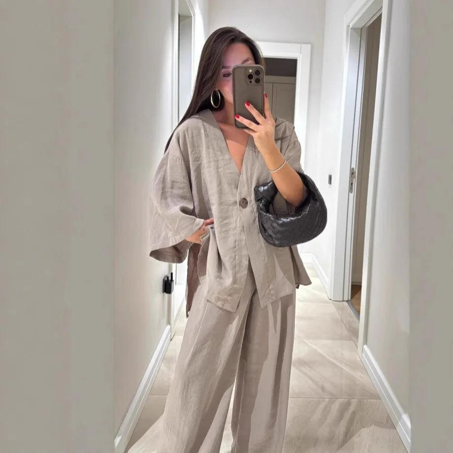 🍒Informele broekpak vir vroue, elegante langmou-uitrusting, enkelkleur wyebeenbroek en baadjie-stel, lente somer mode los tweestuk-partytjie-pajamas