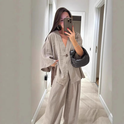 🍒Informele broekpak vir vroue, elegante langmou-uitrusting, enkelkleur wyebeenbroek en baadjie-stel, lente somer mode los tweestuk-partytjie-pajamas