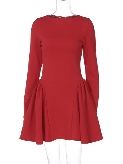 🍒Elegant long sleeve mini dress fit and fare solid o-neck high waist outfits a-line bodycon party club clothing Show Your flair In A fitted