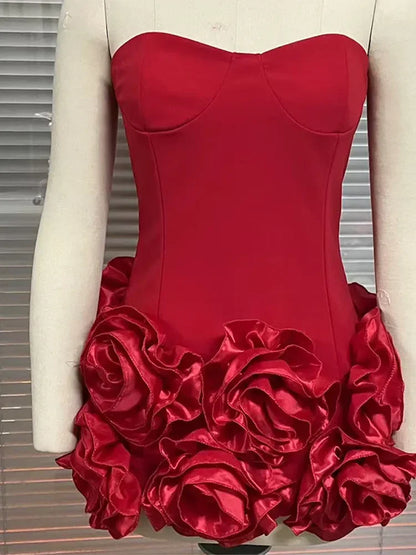 🍒优雅红色3D花朵连衣裙女式修身抹胸鱼骨可调节派对俱乐部服饰热卖玫瑰色