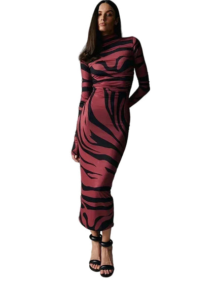 🍒Rooi gestreepte lang rok dames noupassende skilpadnek sebraprint maasuitrusting klubdrag partytjie geleentheidsdrag klere                       Catwalk Your Tiger