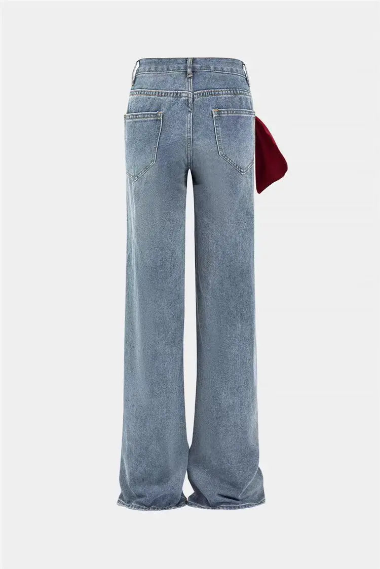 🍒Women's spring/autumn style Jeans fashion versatile slim Fit casual pants with linear and  bow detail decoration tie bow trousers  flared leg denim Line Up For These Bow Lines