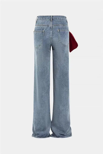 🍒Women's spring/autumn style Jeans fashion versatile slim Fit casual pants with linear and  bow detail decoration tie bow trousers  flared leg denim Line Up For These Bow Lines