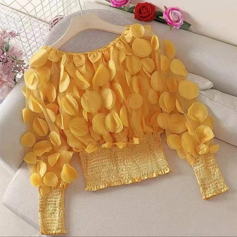 🍒Modern floral tops for women occasion shirred hem t-shirt design mesh patch long sleeve off the shoulder gigot Sleeve  bouse Y2k asthetic Hot Spot