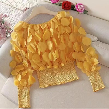 🍒Modern floral tops for women occasion shirred hem t-shirt design mesh patch long sleeve off the shoulder gigot Sleeve  bouse Y2k asthetic Hot Spot