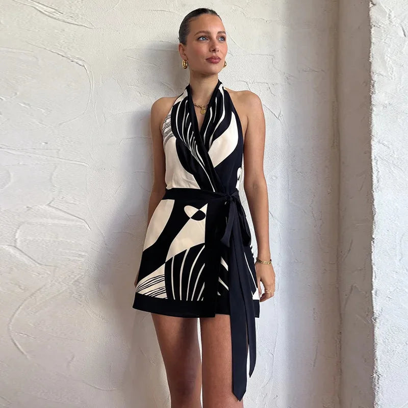 🍒Printed a-Line dress halter neck with tie bow waist backless v-neck outfit slim sleeveless a-line dress Melter Halter