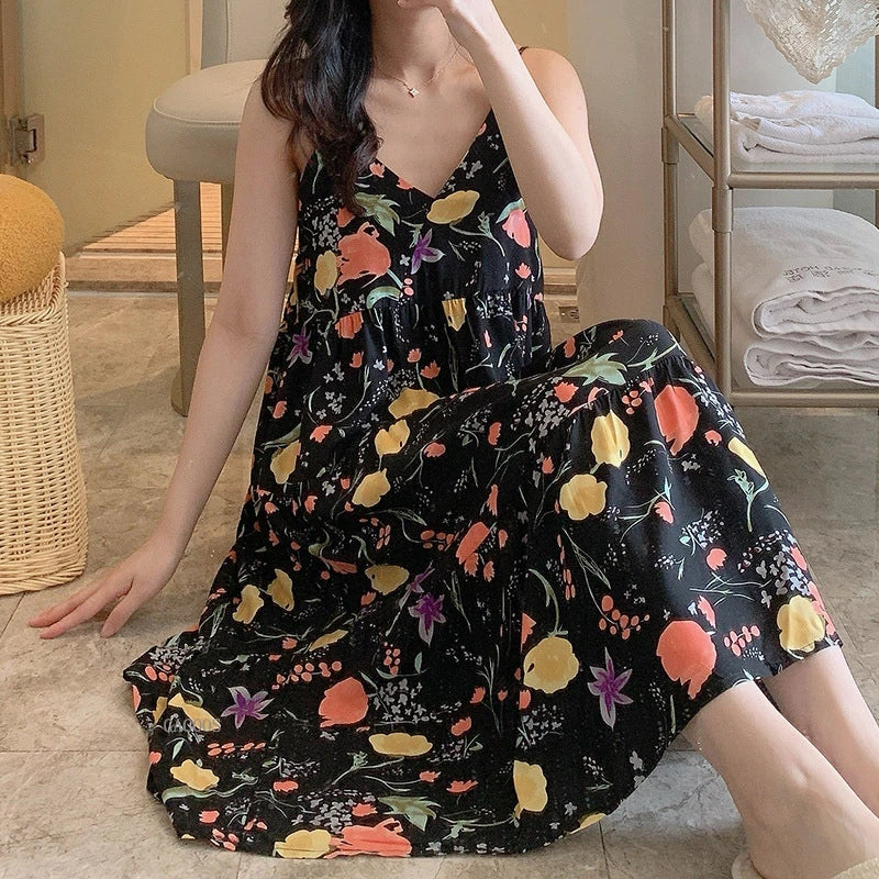 🍒Moue nagrok vir Vroue, asemende viskosekatoen-camisole-nagrok, bloemryke nagrok, huisdrag, somerdrag, vakansiedrag, nagdrag, Vars Blommepatrone