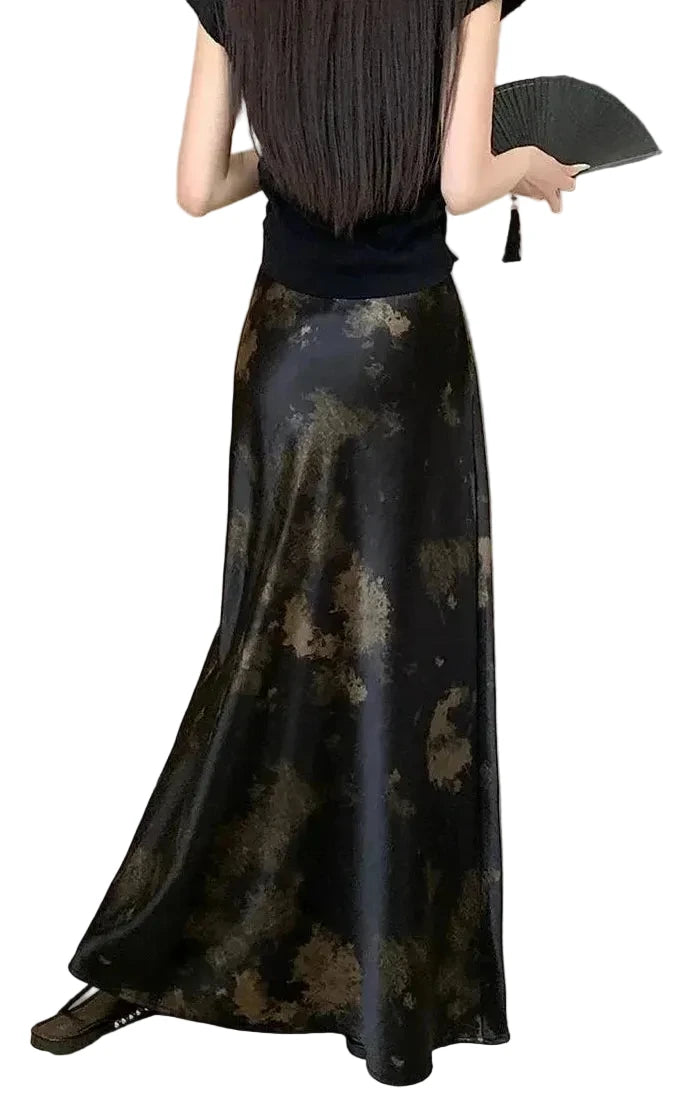 🍒Elastic satin skirt with high waist slimming mid-length floral print high-end feel fish tail skirt shiny for women Slip On A Silky Slippy