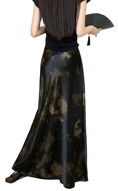 🍒Elastic satin skirt with high waist slimming mid-length floral print high-end feel fish tail skirt shiny for women Slip On A Silky Slippy