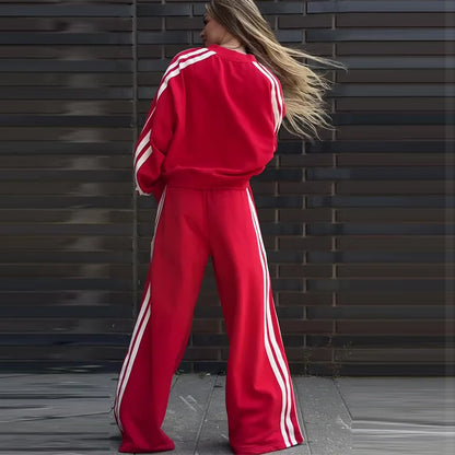 🍒Vroue tweestukbroekstelle streeptrui los V-nektop en wye streeppypbroek sportiewe kortboordrag somer herfs wye pypbroek met trekkoordmiddellyf Sport 'n vrolike Cherri