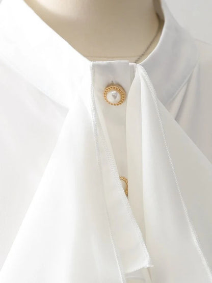 🍒Vintage blouse court style button fold flare sleeve slim pure white shirt with ruffles women elegant stand collar top female smart casual wear office clothing occasion clothing  No One Will Judge You With This Cool Court Style Blouse
