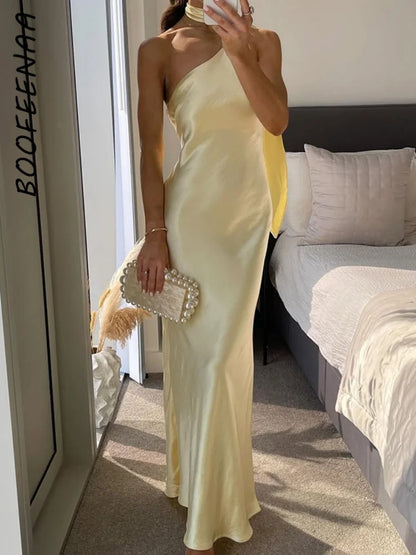 🍒Halter neck backless maxi dress one shoulder long backless outfit for women elegant yellow satin party wear occasion wear This Yellow Tulip Is Ready For Picking