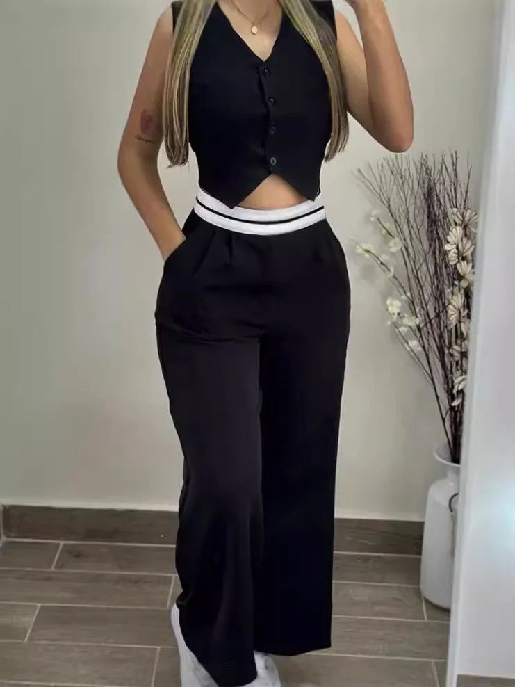 🍒Elegant two piece sets for women summer fashion wear buttoned vest top and high waist wide leg pants with pockets straight leg trouser set Run Over This Double Line No Penalty