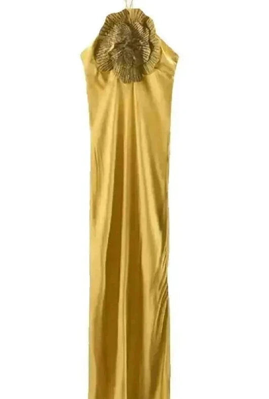 🍒Party dress for women gold outfit for ladies with 3D flower Halter sleeveless backles maxi satin occasion wear evening wear for holiday italian made feminine dresses for summer chic fashion Fem Fleur Fashion