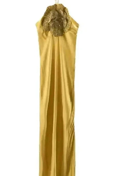 🍒Party dress for women gold outfit for ladies with 3D flower Halter sleeveless backles maxi satin occasion wear evening wear for holiday italian made feminine dresses for summer chic fashion Fem Fleur Fashion