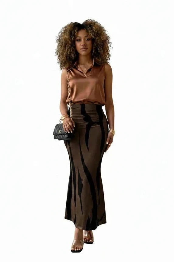 🍒Hoë middellyf maxi-romp slim gemaklike vroue-lyfpassende romp sebra lang romp gemaklike hoë middellyf uitrusting elegante sebra-druk klere elegante diere-druk modeklere