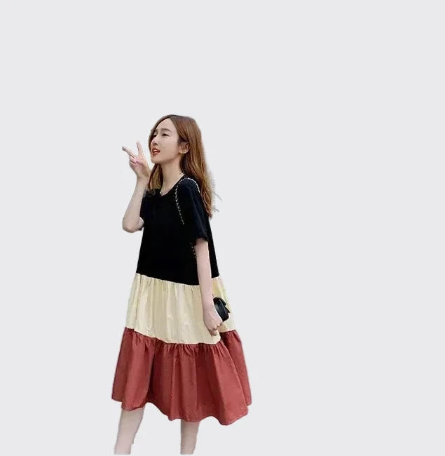 🍒T-shirt dress women colour block outfit loose fit plus size summer fashion stripe clothing stylish medium length over knee a-line fashion wear holiday wear Blocks Of Style
