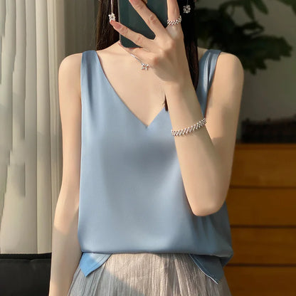 🍒Women's silky tank top camisole for summer beautiful satin loose v-neck vest sleeveless tops