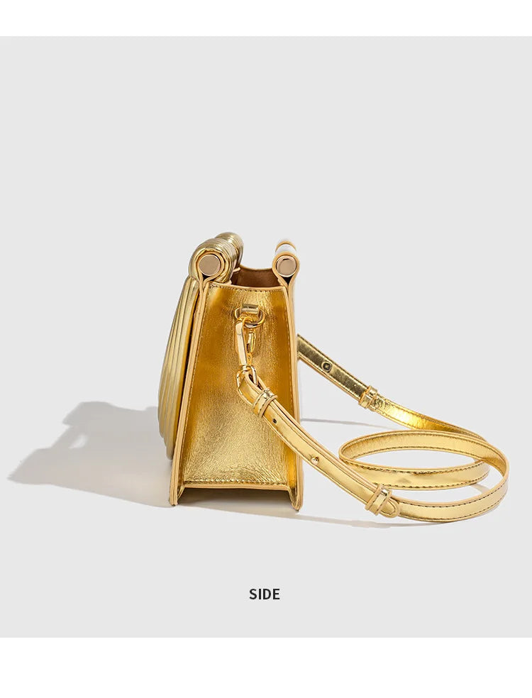 🍒Handwoven style Women's gold crossbody bag clutch handle occasion handbags smart casual strands pu material soft Texture triangle shape shoulder bag Strands Of Style