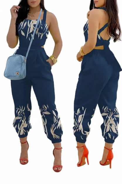 🍒Summer printed jumpsuit backless with straps fashion sleeveless one piece casual wear womens romper outfit with bows pocket trousers Overall Colourful Cool