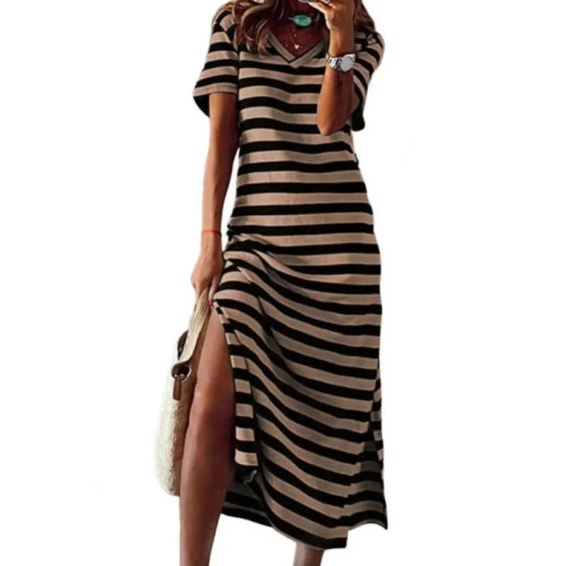 🍒Dames V-nek lang rok strepiesdruk mode alledaagse drag buitemuurse los kortmou rok lente somer gemaklike drag Soos 'n Streep