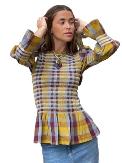 🍒Vintage plaid tops elastic pleated shirt women casual clothes o-neck long sleeves ruffle hem top chic fashion high streetwear smart casual clothing