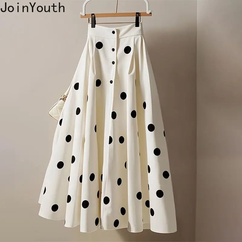 🍒White polka dot skirt midi womens high waist a-line skirt vintage outfit big swing sweet girl  fashion summer clothing smart casual wear Get In The Spotlight With Dots