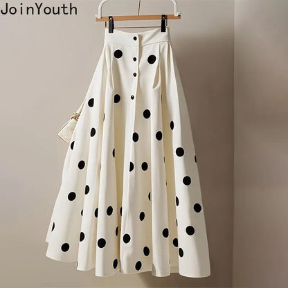🍒White polka dot skirt midi womens high waist a-line skirt vintage outfit big swing sweet girl  fashion summer clothing smart casual wear Get In The Spotlight With Dots