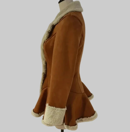 🍒Faux sheep skin jacket fitted waist loose fashion lapel coat female faux fur long coat versitile long sleeve outerwear Slim Sheep Skin