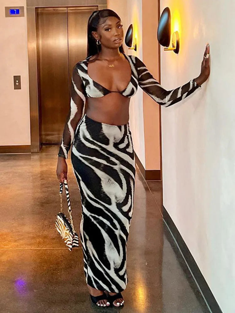 🍒Stripe two piece set skirt contrast colour animal zebra print chiffon top party bra outfit crop top and matching fitted maxi skirt suit Hot Girl Cool