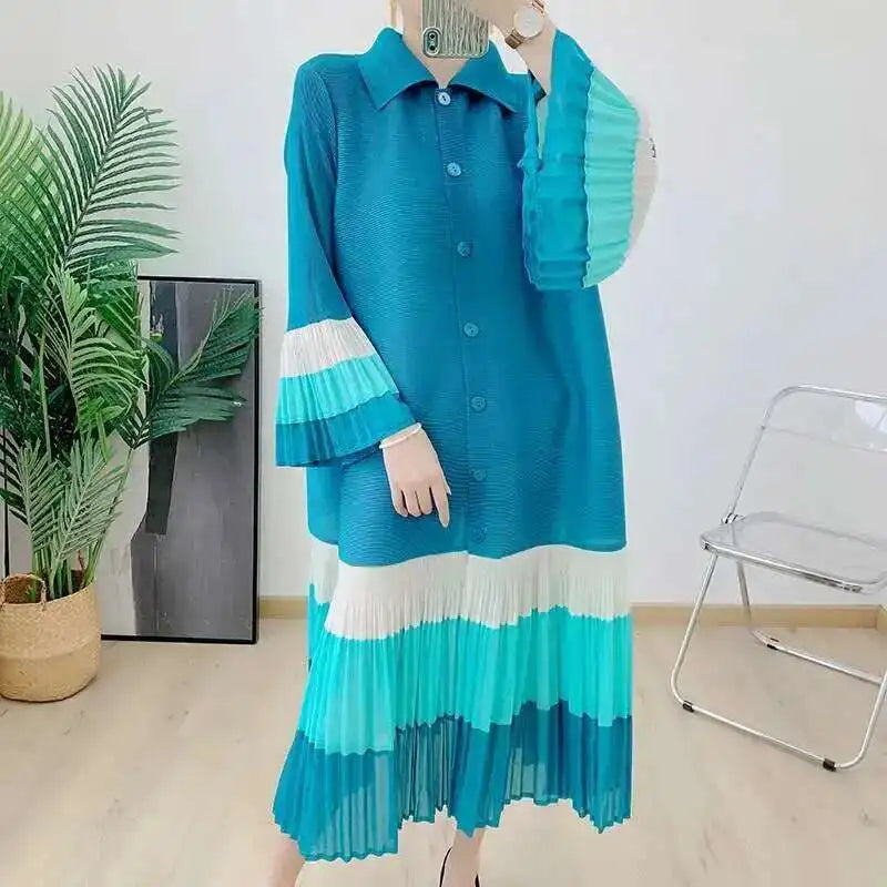 🍒Ruffle pleated midi dress lapel button and flared sleeve women fashion single breasted loose outfit contrast colour