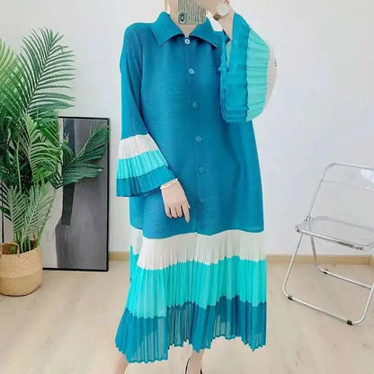 🍒Ruffle pleated midi dress lapel button and flared sleeve women fashion single breasted loose outfit contrast colour