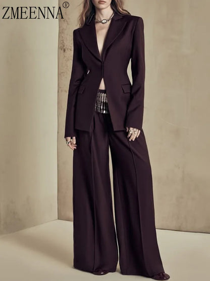 🍒Women's burgundy two-piece pant set classic blazer suit and wide leg trousers and jacket  outfit stylish fomal wear occasion clothing Get Red eye In Your Wine Red