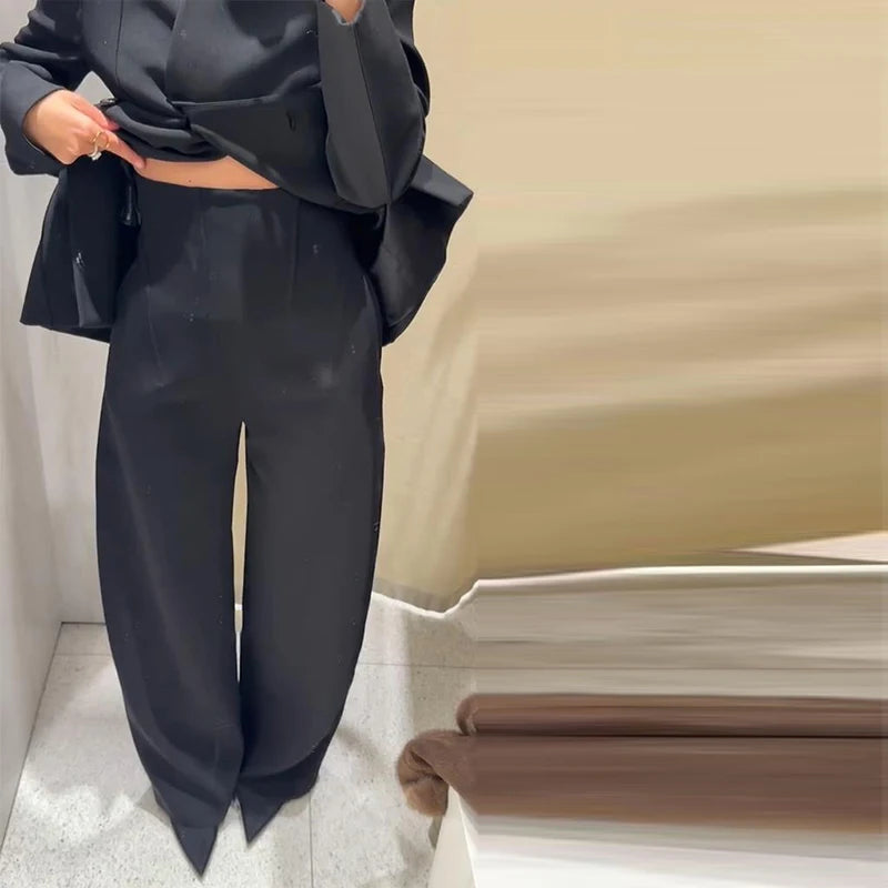 🍒Casual black blazer and pants set long sleeve jacket with fitted waist and long kick flare solid straight pant set women spring autumn suits  ‘Well fit